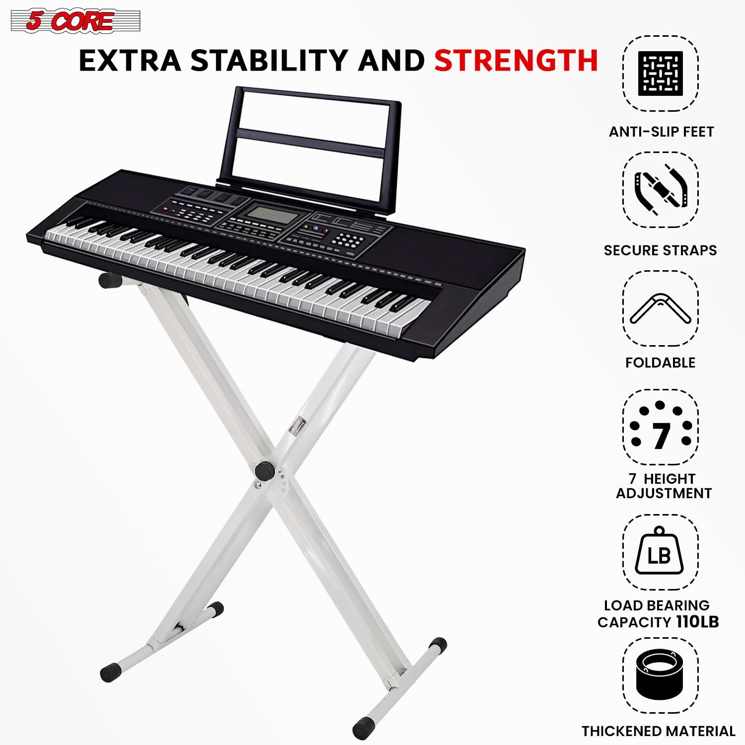 5Core Keyboard Stand Double X Style Adjustable Lift Piano Riser For 49 To 88 Keys WHITE - YBBLEXCLUSIVE SHOP