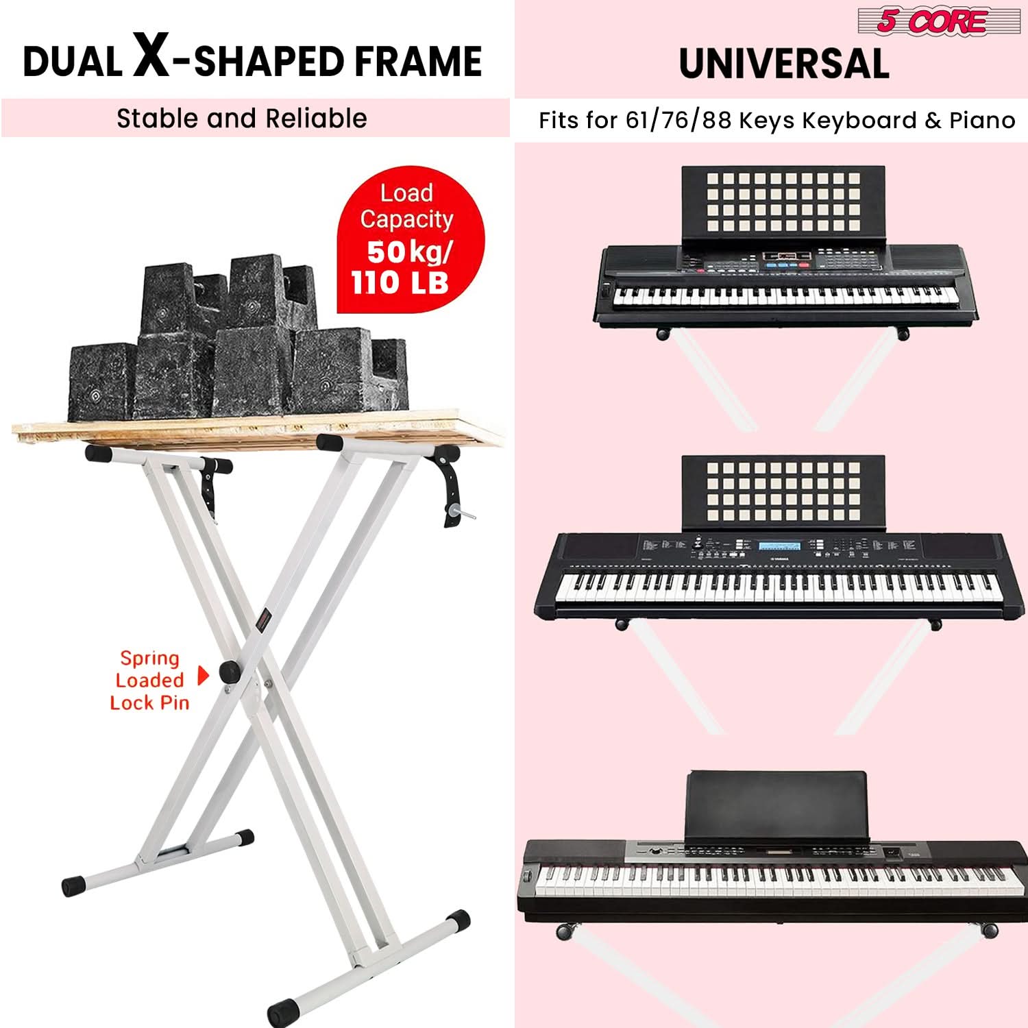 5Core Keyboard Stand Double X Style Adjustable Lift Piano Riser For 49 To 88 Keys WHITE - YBBLEXCLUSIVE SHOP